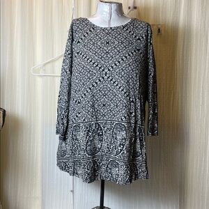 Lucky Brand 1X navy blue and cream print shirt 3/4 sleeves